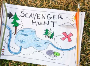 Hand-drawn map lying on grass next to a bow and arrow. The map shows a river, trees, mountains and a dotted line meandering across it, leading to a big red X.