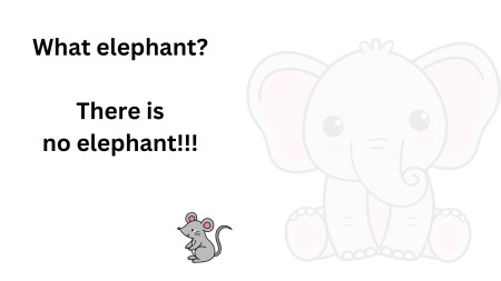 A happy cartoon mouse. Behind him is a cartoon elephant that is so faded so that it can hardly be seen. Text reads “What elephant? There is no elephant!!”