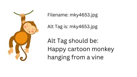 : A happy cartoon monkey is hanging from a vine. The text reads: “Filename: mky4653.jpg”, “Alt Tag is: mky4653.jpg”, “Alt Tag should be: Happy cartoon monkey hanging from a vine”