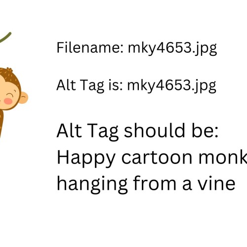: A happy cartoon monkey is hanging from a vine. The text reads: “Filename: mky4653.jpg”, “Alt Tag is: mky4653.jpg”, “Alt Tag should be: Happy cartoon monkey hanging from a vine”
