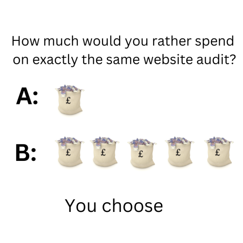 How much would you rather spend on exactly the same audit? Option A is next to a bag of money. Option B is next to 5 bags of money. You choose