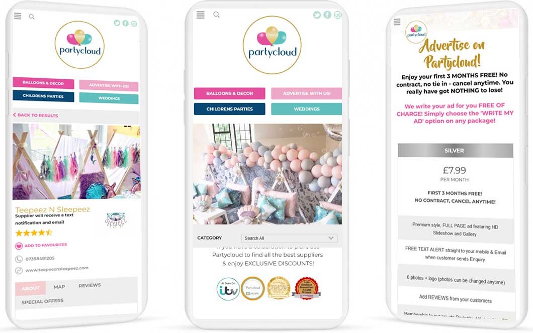 3 mobile images taken from the Party Cloud website