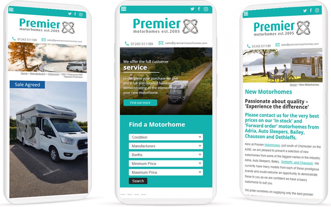 3 mobile images taken from the Premier Motorhomes website