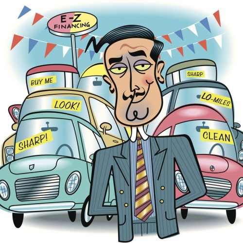 A cartoon of a cheesy car salesman
