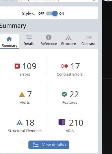 An online accessibility checker showing 109 accessibilty errors