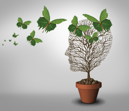 A miniature tree growing in the shape of a human head. Butterflies made out of leaves are flying towards it.