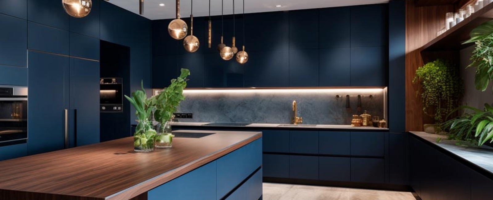 A Modern minimalist kitchen with stainless steel appliances and a dark blue backsplash