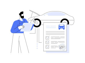Cartoon of a man with a checklist in front of a car. There is a certificate in the foreground.