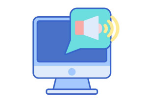 Cartoon drawing of a computer screen with a speaker symbol in front of it