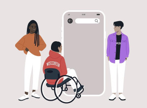 A diverse group of young adults showcases their connection with technology, highlighting inclusivity and accessibility as they gather around a large mobile phone with a search bar 