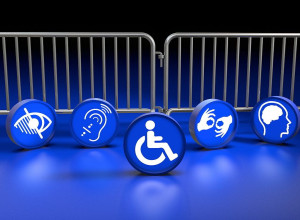 Blue icons representing different types of disabilities placed in front of metal barriers to illustrate the hidden obstacles people face online