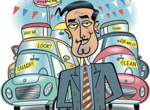 Cartoon of a smirking car salesman in a suit standing in front of a row of colorful cars with signs like LOOK!, BUY ME!, SHARP!, LO-MILES, and CLEAN. An E-Z Financing sign is overhead with festive flags.