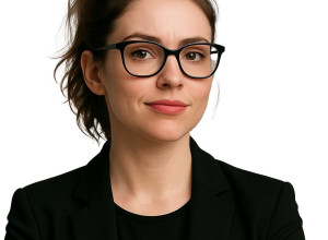 Kate has brown hair in a loose ponytail and is wearing glasses