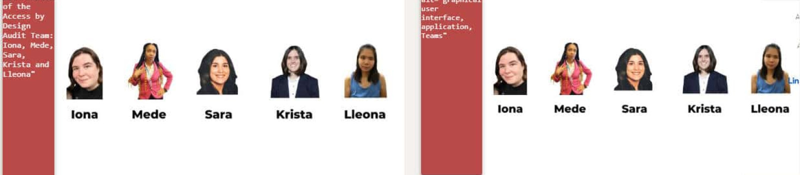Photos of the Access by Design Audit Team: Iona, Mede, Sara, Krista and Lleona