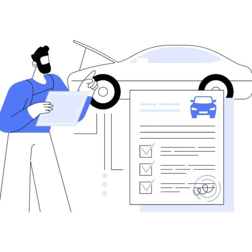 Cartoon of a man with a checklist in front of a car. There is a certificate in the foreground.