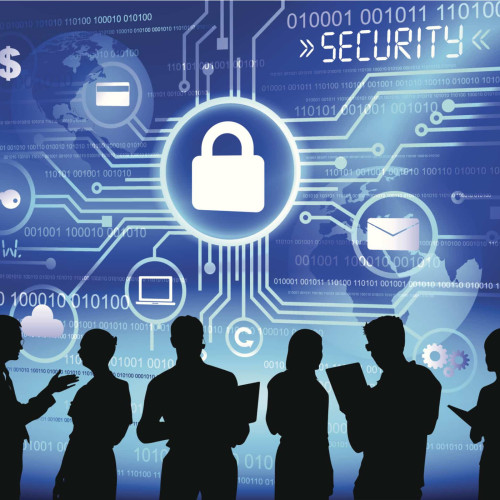 Figures in front of a futuristic background showing a large padlock