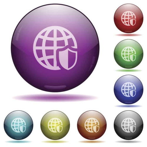 Set of color Internet security glass sphere buttons with shadows.