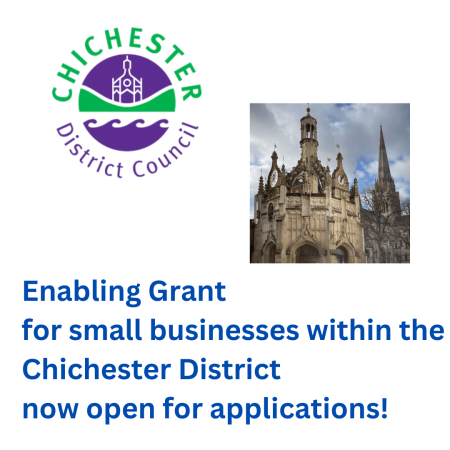 Chichester District Council Enabling Grant ad for small businesses with cathedral image. Now open for applications.