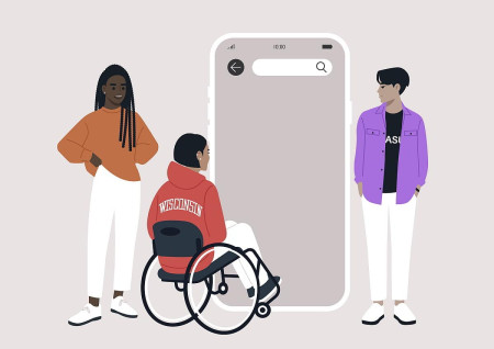 A diverse group of young adults showcases their connection with technology, highlighting inclusivity and accessibility as they gather around a large mobile phone with a search bar