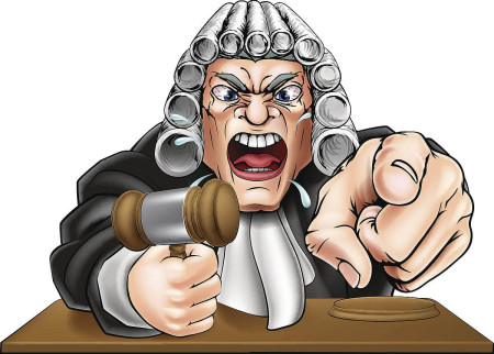 Illustration of an angry judge in a traditional white wig, pointing and holding a gavel. The judge\'s expression is exaggerated, with bulging eyes and clenched teeth, conveying intense emotion. There is a wooden bench in the foreground.