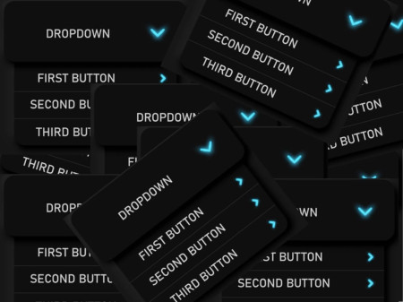 A collage of dropdown menus displaying options labeled First Button, Second Button, and Third Button. Each menu is black with white text and a blue checkmark icon beside the dropdown title.