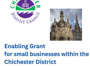 Chichester District Council Enabling Grant ad for small businesses with cathedral image. Now open for applications.