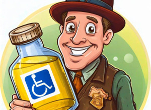 cartoon of a snake oil salesman from the 1890s. He is wearing a hat, flashing a cheesy grin and holding a bottle full of a yellow liquid. The label is a logo of a person in a wheelchair, a recognised symbol representing disability.
