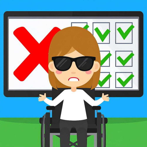 blind cartoon character with dark glasses sitting in a wheelchair looking very cross  486802-w.jpg alt=Cartoon character in a wheelchair looking cross in front of a screen full of green ticks and a red X, highlighting poor website accessibility design despite claims of an accessible website