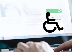 Close-up of hands typing on a laptop keyboard. On the screen, a chat window with Hi! How can I help you? is visible. A large icon of a person using a wheelchair is overlaid on the screen.