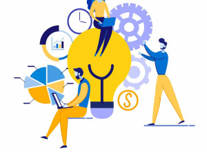 A creative illustration shows three people interacting with elements symbolizing ideas and teamwork. One person sits on a large yellow light bulb with a laptop, another works on charts and graphs, and a third manipulates gears. Icons of clock, pie chart, and dollar sign in the background.