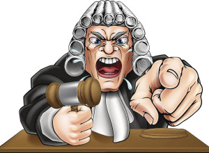 Illustration of an angry judge in a traditional white wig, pointing and holding a gavel. The judge\'s expression is exaggerated, with bulging eyes and clenched teeth, conveying intense emotion. There is a wooden bench in the foreground.