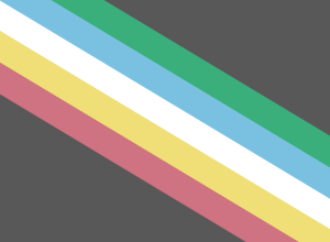 A flag with five diagonal stripes on a gray background: a light blue stripe on the top right, followed by green, light blue, yellow, and a pink stripe at the bottom left.