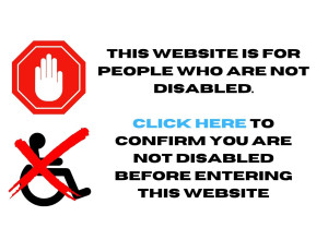 Banner with statement, a stop sign and a wheelchair sign with a red cross on it