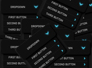 A collage of dropdown menus displaying options labeled First Button, Second Button, and Third Button. Each menu is black with white text and a blue checkmark icon beside the dropdown title.