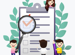 A colorful illustration shows four children with a large clipboard. One child peers through a magnifying glass, another holds a giant pencil, a third child points at the checklist, and the fourth pops up from behind the clipboard. Green leaves adorn the background.