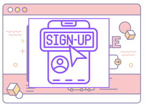 Illustration of a signup popup with a cursor on a web browser screen, labelled Popups on the left.