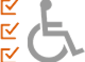Wheelchair symbol with 3 ticks to the left of it