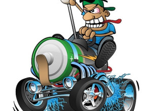 Cartoon of a funny electric battery-powered muscle car with a huge battery